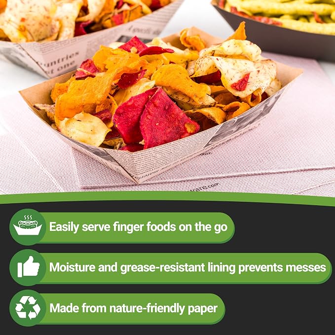 Restaurantware-Bio Tek 1/2 Pound Food Trays, 400 Disposable Paper Food Trays - Heavy-Duty, Greaseproof, Newsprint Paper Food Boats, for Snacks, Appetizers, Or Treats, Use At Parties Or Carnivals - Image 9