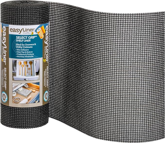 EasyLiner Select Grip Shelf Liner - Easy to Install & Cut to Fit - Non Slip, Non Adhesive, Drawer Shelf & Cabinet Liner for Kitchen, Bathroom, Pantry Cupboards, 12 in x 24 ft (1 Roll), 24 ft, Black by DuckBrand