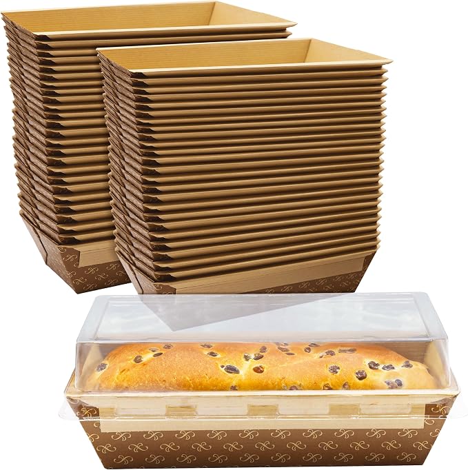 Chef-Grade 1Lb Paper Loaf Pans w/Lids 50Pk. Elegant Disposable, Bakeable Kraft Pan Supplies for Baking Bread, Small Meatloaf, Bundt Cake Sweets for Holiday Gifts, Bake Sales or Fundraiser. by FoodRestaurantSupplies