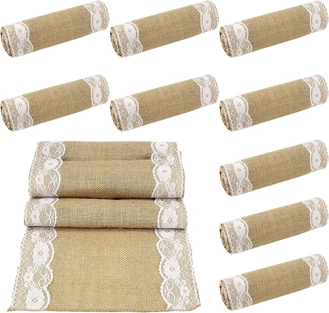 JOIKIT 10 Pack 12 x 108 inch Burlap Lace Table Runner, Rustic Natural Jute Wedding Table Runner Decoration with White Lace for Country Wedding Party Dinner Thanksgiving Christmas by JOIKIT