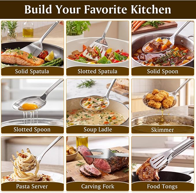 9 Pcs Cooking Utensils Set, 304 Stainless Steel Kitchen Utensils, Heat Resistant Metal Kitchen Tools Include Solid & Slotted Spatula, Serving Spoon, Ladle, Pasta Spoon, Fork, Tongs, Dishwasher Safe - Image 7