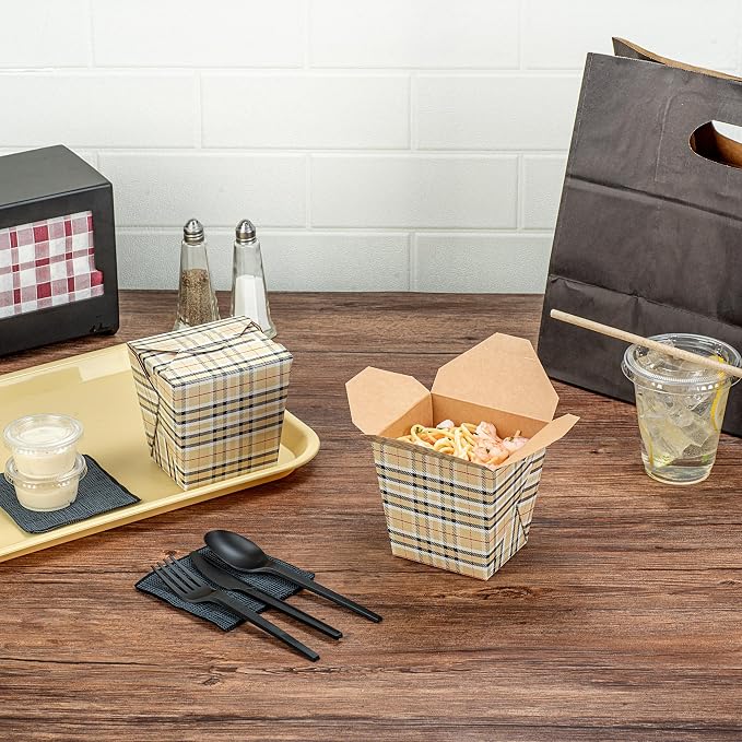 Restaurantware 26 oz Square Paper Plaid Noodle Take Out Container, 200 Pack - Image 7