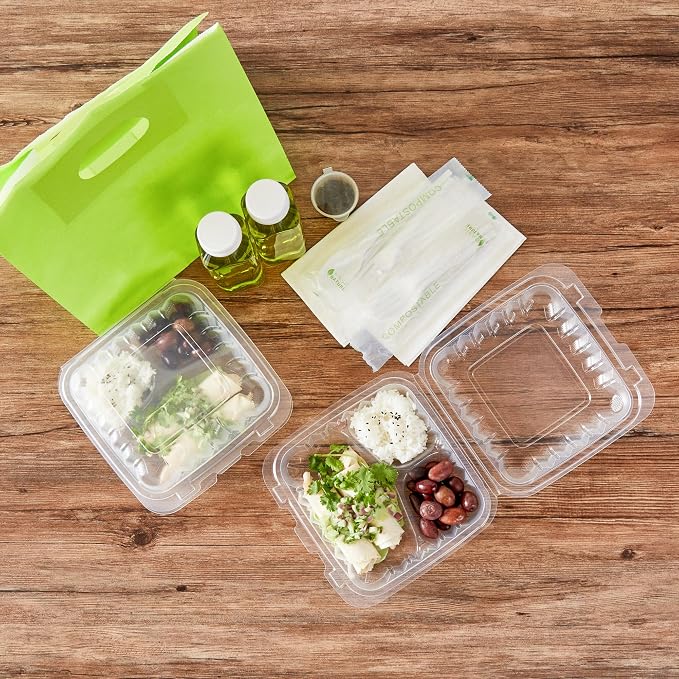 Restaurantware-Chef 101 30 Ounce Hinged Clamshell Containers, 100 Disposable Take Out Boxes - 3 Compartments, Secure Lids, Clear Meal Prep Containers, Microwavable, For Pasta Or Salads - Image 7