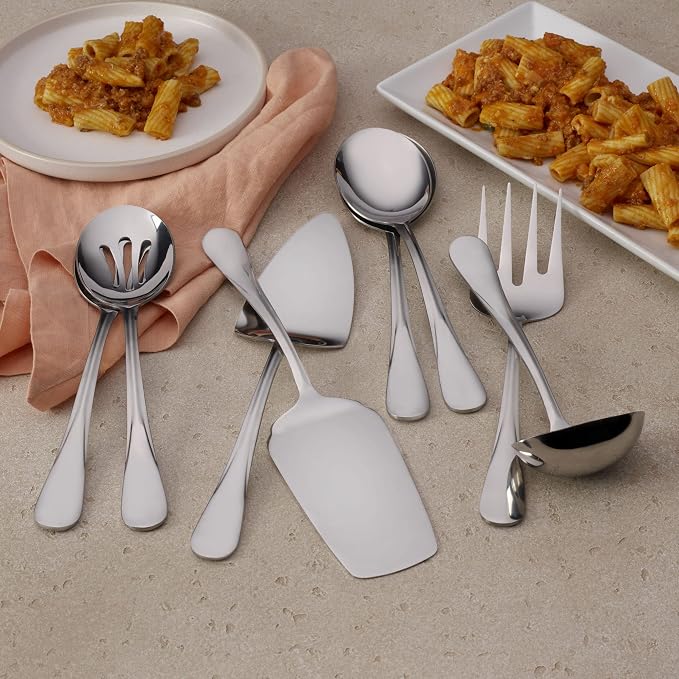 Mikasa Gourmet Basics Kaylee 8-Piece Serving Set, 18/0 Stainless Steel, Ladle, Lasagna Server, Cake Server, Tablespoons, Cold Meat Fork, Dishwasher Safe - Image 6