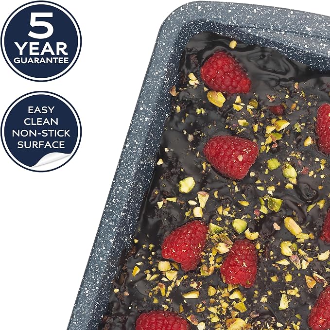 Russell Hobbs COMBO-5444 Square Baking Pan Roaster Tray Set of 2, Non-Stick, Carbon Steel Oven Tins, BPA/PFOA Free, For Brownies, Batch Cooking, Roasting, Nightfall Stone Collection, Blue Marble, 26cm - Image 2