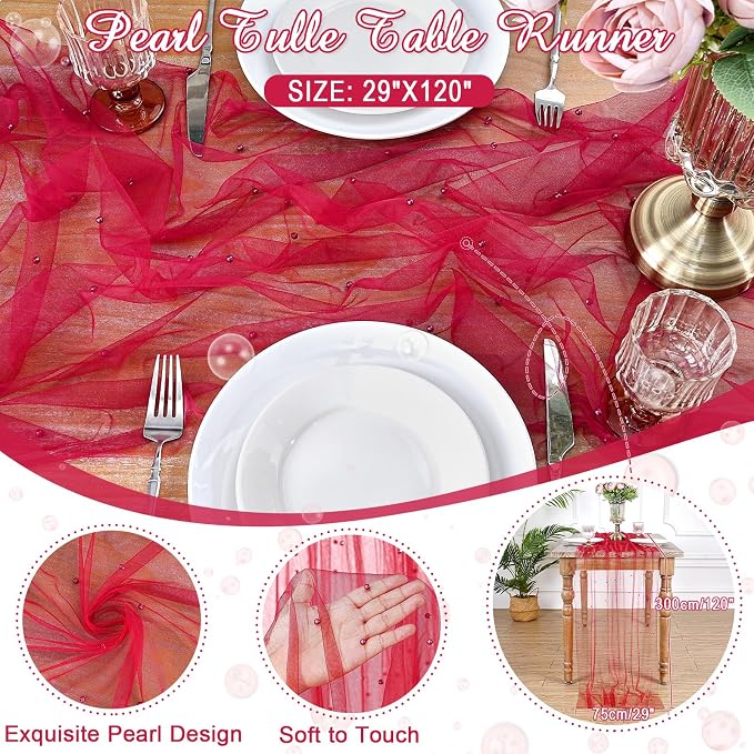 Tulle Table Runner Pearl Fabric Red Mother's Day Veil Dessert Chiffon - Image 3