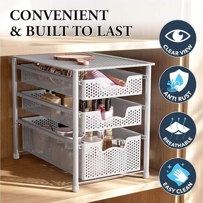 Simple Houseware 3 Tier White Alloy Steel Sliding Basket Organizer Drawer Cabinet - Image 5