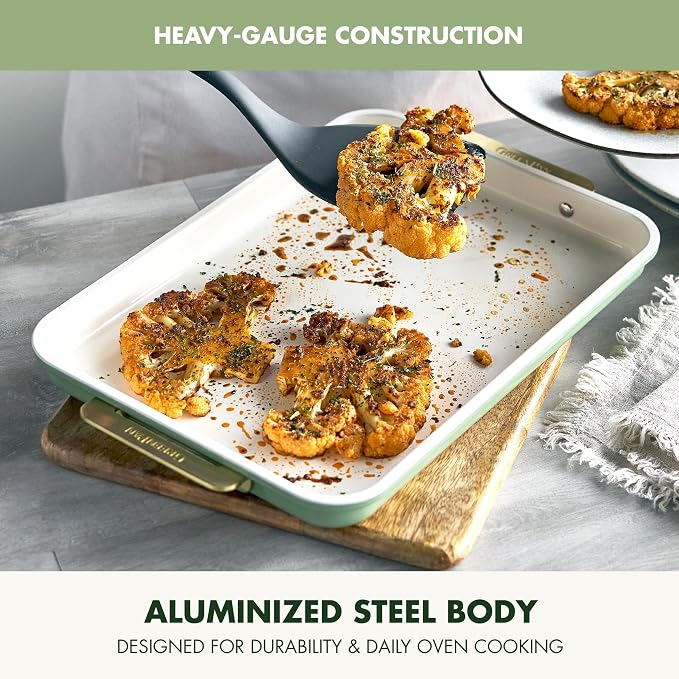 GreenPan Bakeware 13" x 9" Quarter Sheet Pan, Ceramic Nonstick Baking Pan, PFAS & BPA Free, Gold Handles, Durable Steel, Versatile & Space Saving Ovenware, Freezer to Oven Dish, Sage Green - Image 3