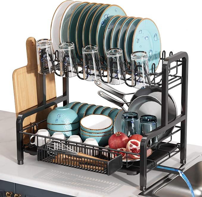 BOOSINY 2 Tier Black Stainless Steel Dish Drying Rack for Kitchen Counter by Boosiny