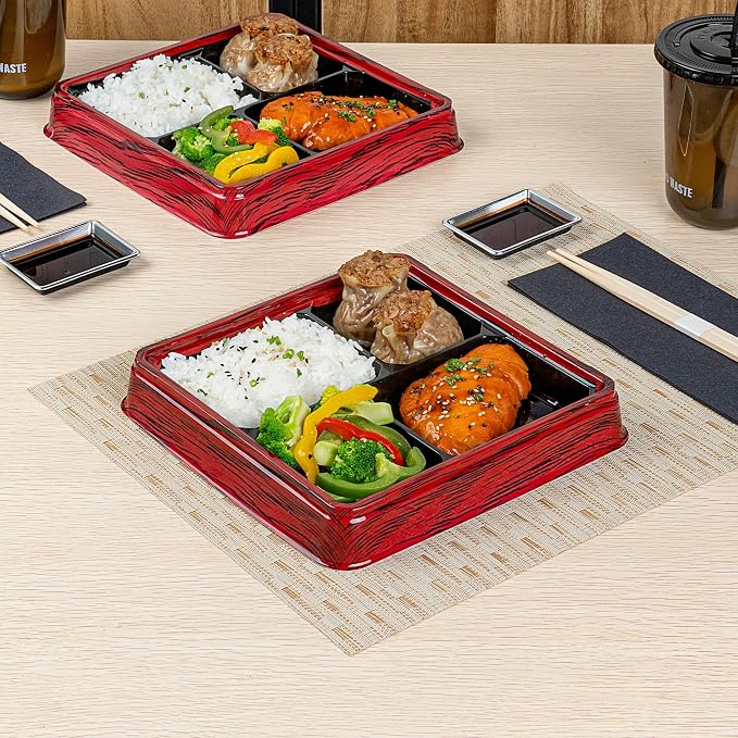 Bento Tek 17.9 Ounce Meal Prep Containers, 50 Disposable To Go Food Boxes - Lids Sold Separately, 4 Compartments, Red And Black Plastic Bento Lunch Boxes, Freezable, For Take Out - Restaurantware - Image 3