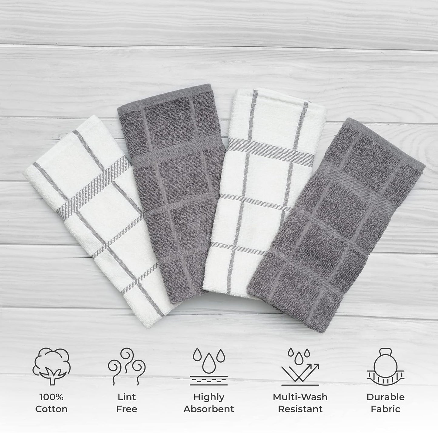 100% Cotton Terry Dish Towels, 4 Pack 16 x26 Inches, Super Soft and Absorbent Kitchen Towels, Perfect for Kitchen Cleaning and Dish Washing | Light Gray