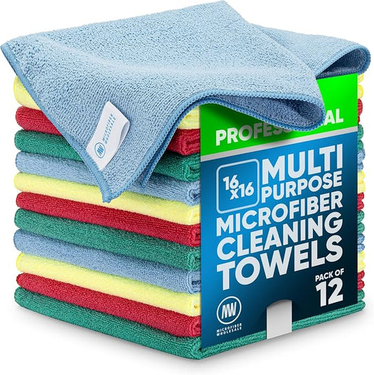 MW Pro Microfiber Cleaning Cloth | Blue Green Red Yellow | 12 Pack | 16” x 16” | All Purpose Microfiber Towels - Clean, Dust, Polish, Scrub, Absorbent by MicrofiberWholesale