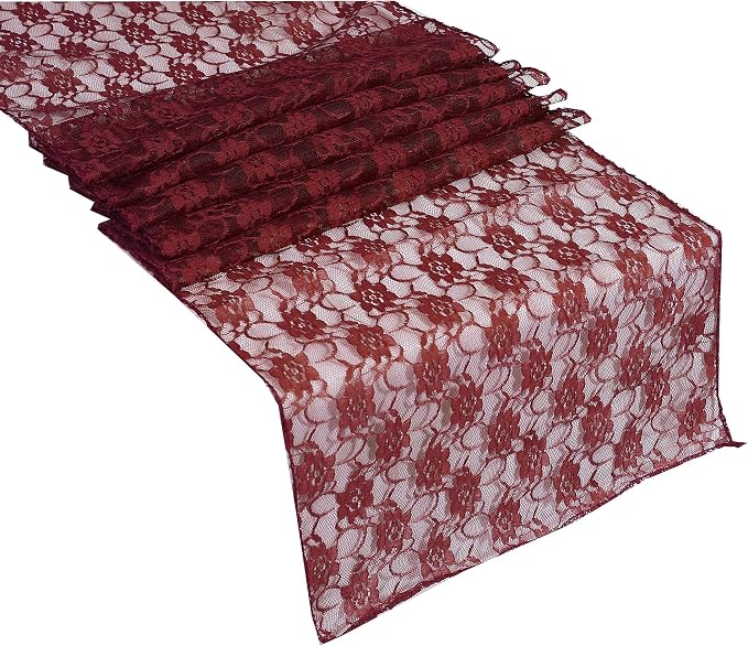 VDS Pack of 25 Floral Lace Table Runners Centerpiece Cloth Linen for Wedding Bithday Graduation Engagement Ceremony Events Party Banquets Table Decoration (12x108 inch) (Maroon) by VDS