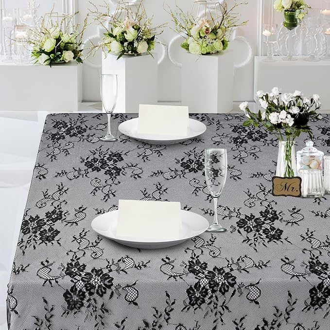 Vintage Black Lace Tablecloth 6pcs Table Fabric 60x120 Inch for Scary - Image 5
