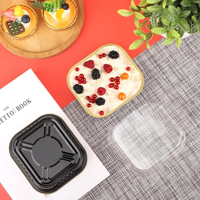 Beasea Aluminum Ramekins With Lids, 50 Pack 8.5oz 250ml Disposable Mini Small Square 4 Inch Foil Aluminum Baking Cups Oven Baking Mini Brownie Cupcake Pan Tins for Party - Black Gold - Image 6