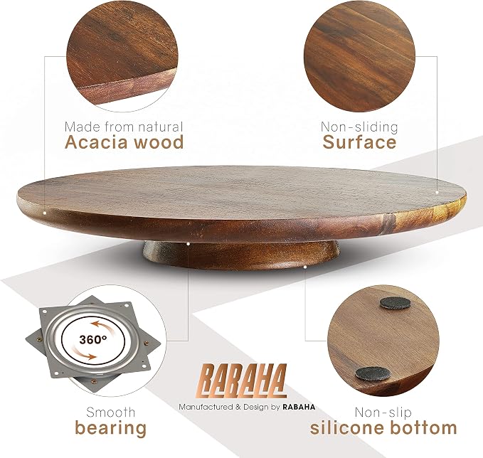 13" Acacia Cake Stand Rotating – Rustic Cake Stand Set Turntable with 2 Icing Spatulas, 3 Smoothers – Wooden Revolving Spinner Cake Decorating Supplies - Use at Parties, Wedding (Acacia Wood) - Image 2