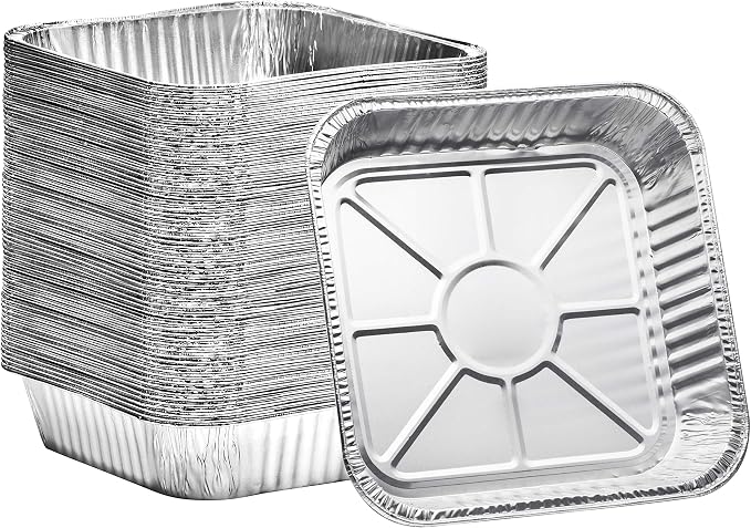 8x8 Disposable Aluminum Pans With Lids - 50 Pack Foil Pans For Cooking, Baking Cakes, Roasting & Homemade Breads - Disposable Food Containers With Foil Lids by Plastible