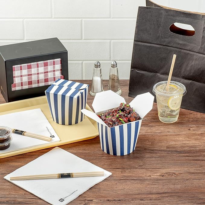 Restaurantware Bio Tek 4 x 3.4 x 3.7 Inch Food Containers, 200 Noodle Takeaway Boxes - Disposable, Striped, Blue And White Paper 26 Ounce Take Out Boxes, Round, For Hot Or Cold Foods - Image 7