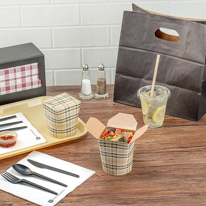 Restaurantware-Bio Tek 3.2 x 2.9 x 4 Inch Food Containers, 200 Noodle Takeaway Boxes - Disposable, Sturdy, Plaid Paper 16 Ounce Take Out Boxes, Round, For Hot Or Cold Foods - Image 7