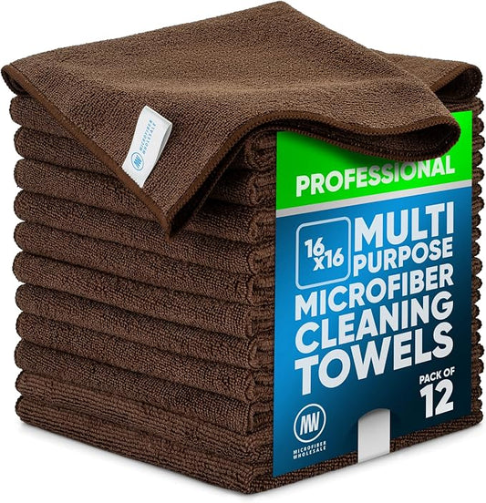 MW Pro Microfiber Cleaning Cloth | Brown | 12 Pack | 16” x 16” | Coffee, Barista, Espresso Towels - Clean, Dust, Polish, Scrub, Absorbent by MicrofiberWholesale