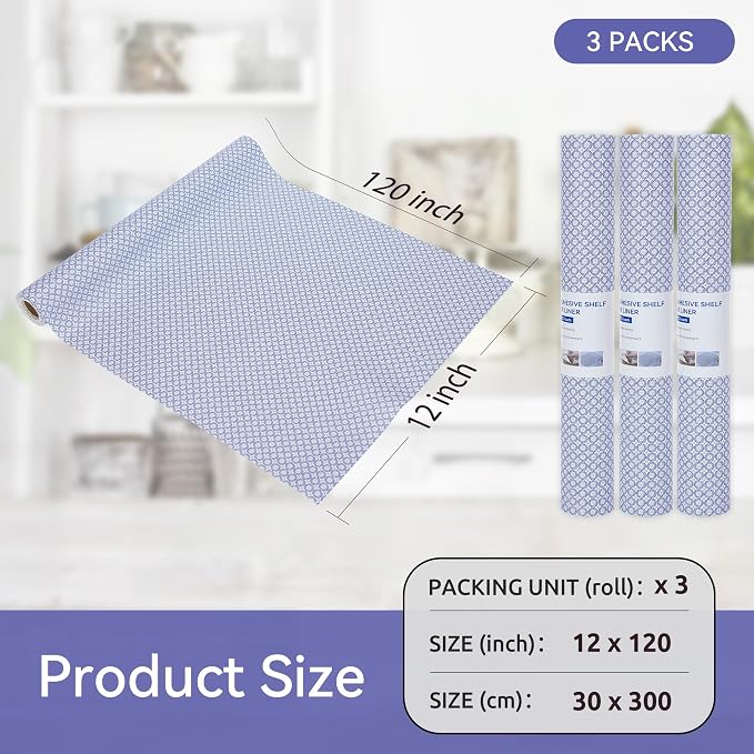 FIFTY FEET 12"x120" Non-Adhesive Shelf Liner for Kitchen Cabinets and Drawers, Washable Non-Slip PVC Cabinet Liner (Blue Circle)(3 Roll) - Image 5