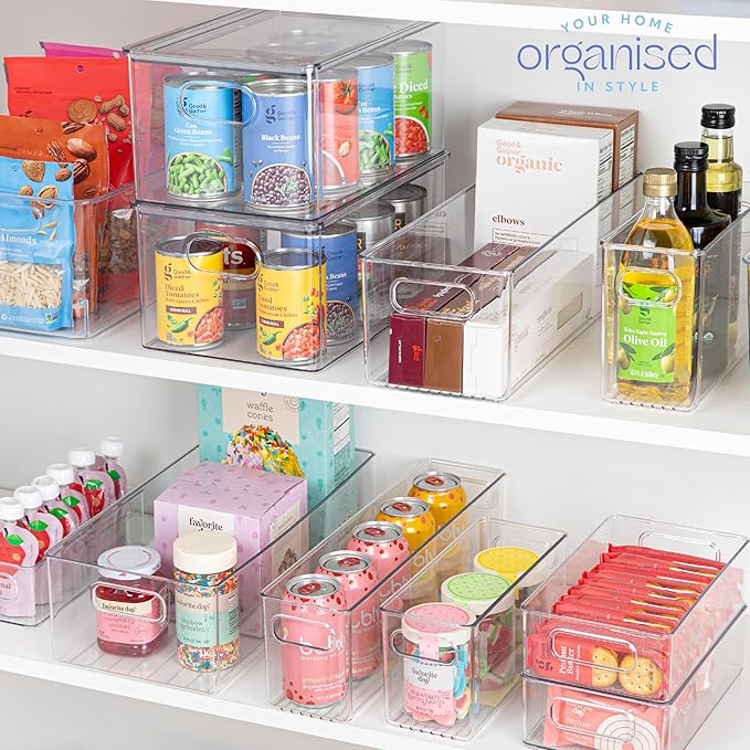 Plastic Food Storage 4 Pack Clear Container Bin with Handles for Organizing Kitchen, Pantry, Refrigerator, Freezer, Pantry, Cabinet, Closet, Bathroom. 14”x4”x5” - Image 7