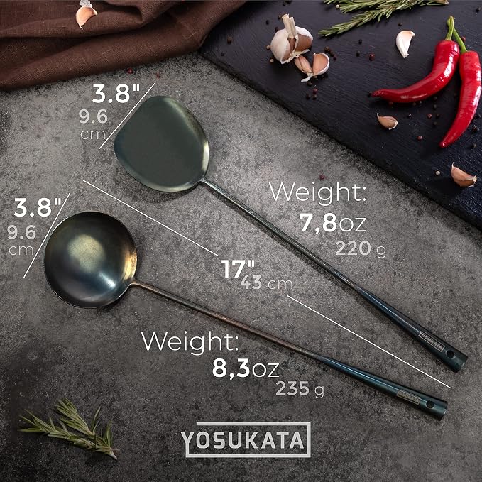 YOSUKATA 17" Blue Carbon Steel Wok Spatula and Ladle, 3 pairs Chopsticks | Durable Wok Utensils Set of 5 - Traditional Asian Cooking Tools and Accessories - Image 2