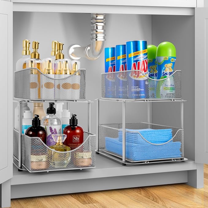 Sorbus Pull-Out Under Sink Organizer, Mesh Construction (Silver, 2 Pack) - Image 2
