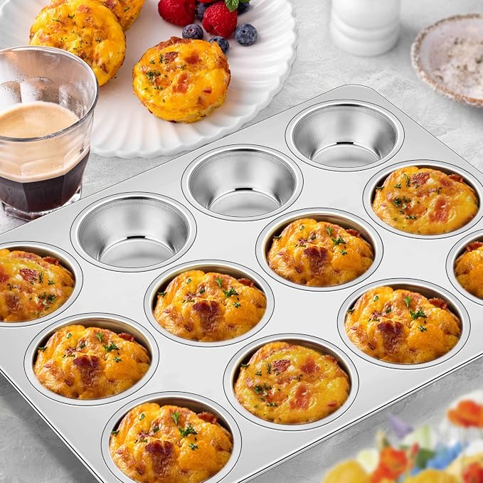 Homikit Stainless Steel Muffin Cupcake Pans 12-Cup, Non Toxic, Easy Release | 3PCS Nonstick Muffins Baking Tins Set, 13.8x10.4 Inch Metal Egg Bites Tray, Standard Size, Heavy Duty, Oven & Dishwasher Safe - Image 3