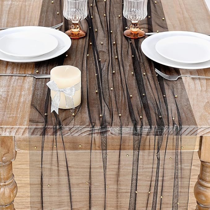 Gauze Pearl Tulle Table Runner Fabric Black 10ft Christmas Veil Chiffon - Image 4