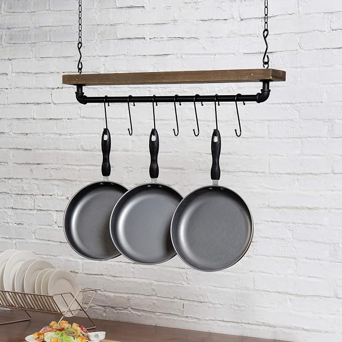 MyGift 30 Inch Ceiling or Wall Mounted Pot Rack with Rustic Brown Solid Wood Shelf and Industrial Matte Black Metal Pipe, Hanging Cookware Utensils Organizer with 8 S-Hooks | Solid Wood Shelf, Industrial Pipe Design, Eight S Hooks, Ceiling or Wall Moun... - Image 2