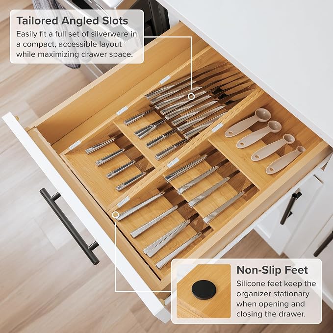 KitchenEdge Slanted Cutlery & Flatware Organizer, 2 Pack, Bamboo - Image 6