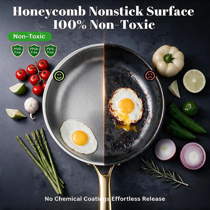 FogDream Non Stick Frying Pans, 10in Titanium Pans for Cooking, Hybrid Stainless Steel Skillet with Spatulas, PFOA Free Cookware, Stay Cool Handle, Dishwasher & Oven-Safe,Induction Compatible,Gold - Image 3