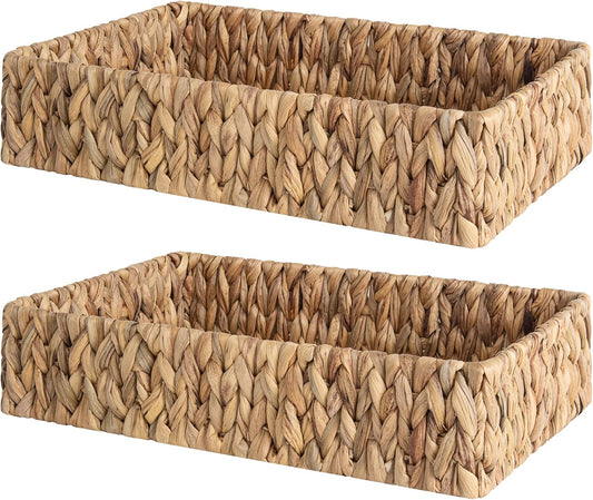 StorageWorks Large Water Hyacinth Tray for Bathroom, Wicker Storage Basket for Shelves, Handwoven Natural Hyacinth Baskets for Organizing, 2-Pack