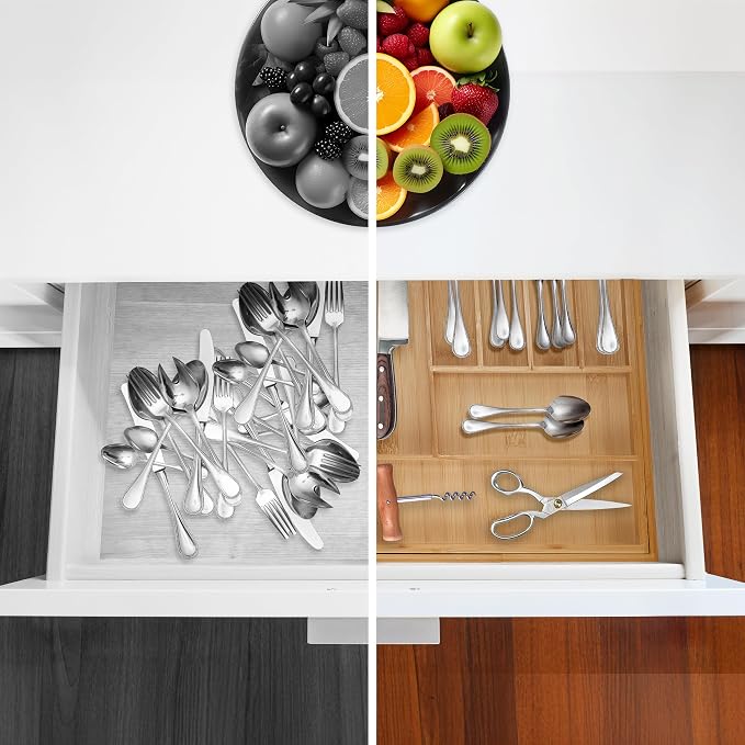 Relaxdays Cutlery Boxes, Expandable Bamboo Cutlery Tray, 7-9 Compartments, HxWxD: 5x29.5-47.5x38 cm, Natural - Image 5