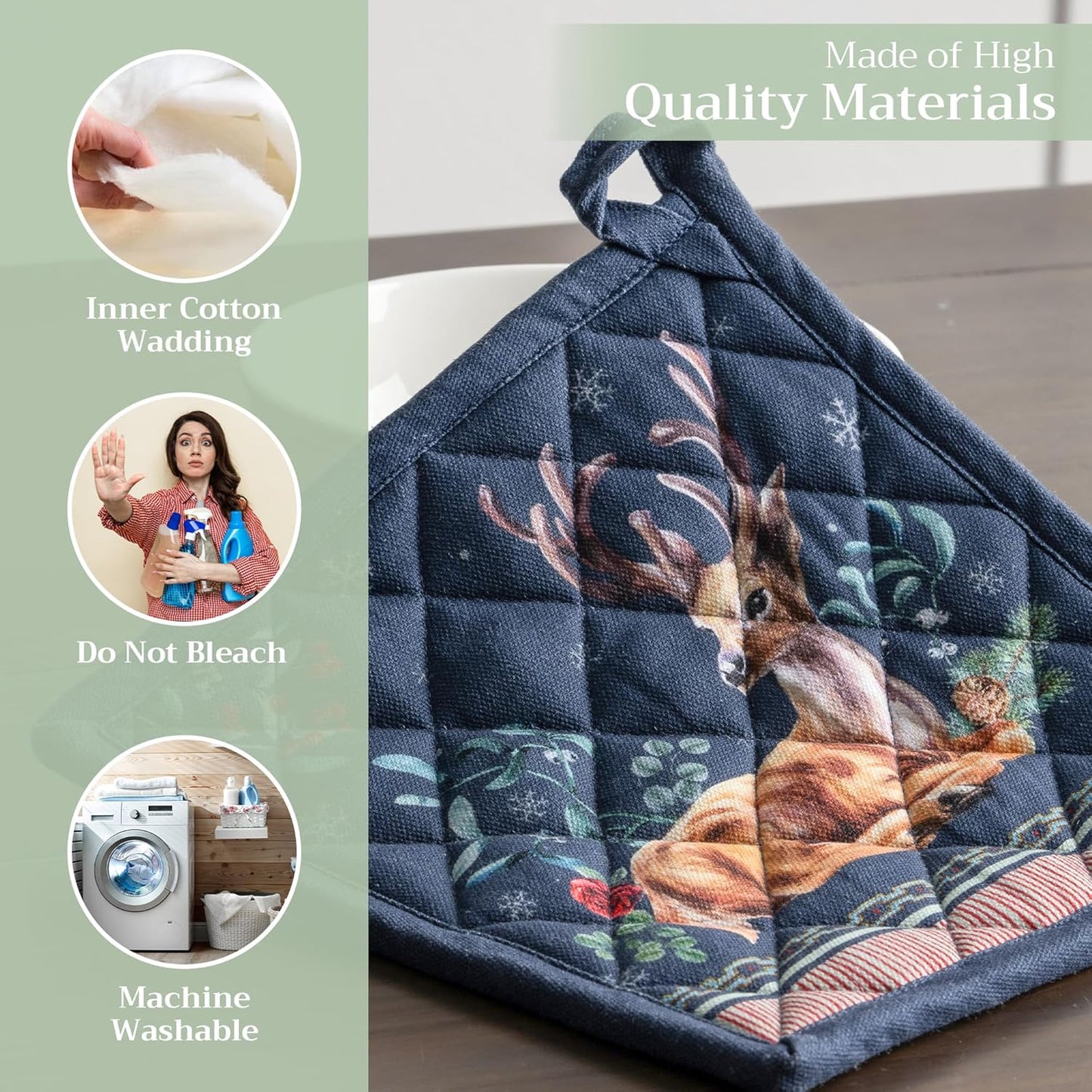 Maison d' Hermine Pot Holders Set 100% Cotton Heat Resistant Potholders 8" x 8" Hot Pads with Loop BBQ, Cooking, Baking, Grilling, Kitchen, Handling Hot Pans (Pack of 2, Christmas Joy)