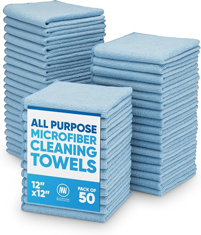12" x 12" Microfiber Cleaning Cloths (50 Pack) - Reusable Towels, Wash Rags, Dust Cloth, All-Purpose: Kitchen, Dish, Cars, Shop, Glass (Blue) by MicrofiberWholesale