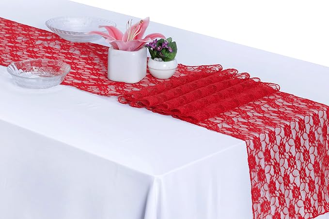 MDS Pack of 12 Wedding 12 x 108 inches Lace Table Runner for Wedding, Decorations for Birthday Parties, Banquets, Graduations, Engagements, Suitable All Dinner Tables - Red by MDS