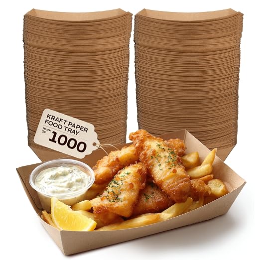 IDL Packaging 6.5" x 4.5" x 1.5" Kraft Paper Food Trays (Pack of 1000) - USA-Made, Food-Safe Poly-Coated for Extra Moisture Resistance - Recyclable Trays for Fries, Burgers, Appetizers & Side Dishes by IDLPackaging