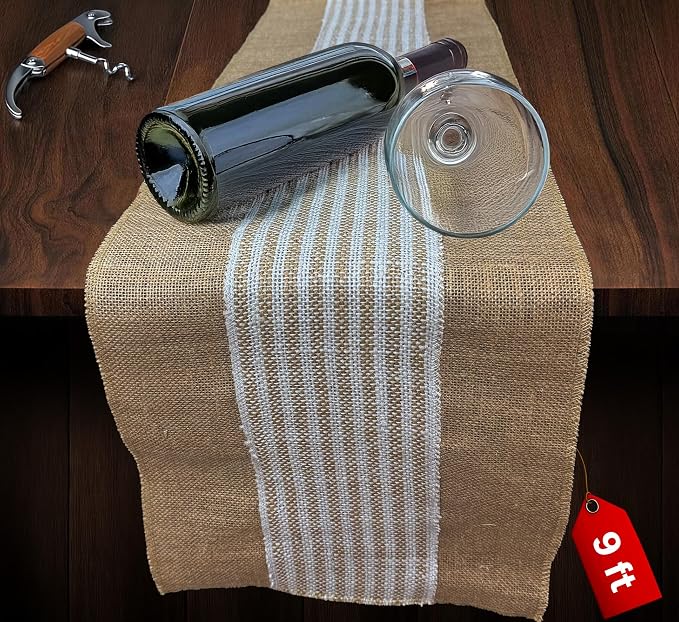 Decorative Table Runner (Pack of 1) – 12”x 108” – Stripe on Natural Rustic Farmhouse Table Runner with Finished Edge – Burlap Runner for Home Decor, Weddings and Christmas by Fibeusion