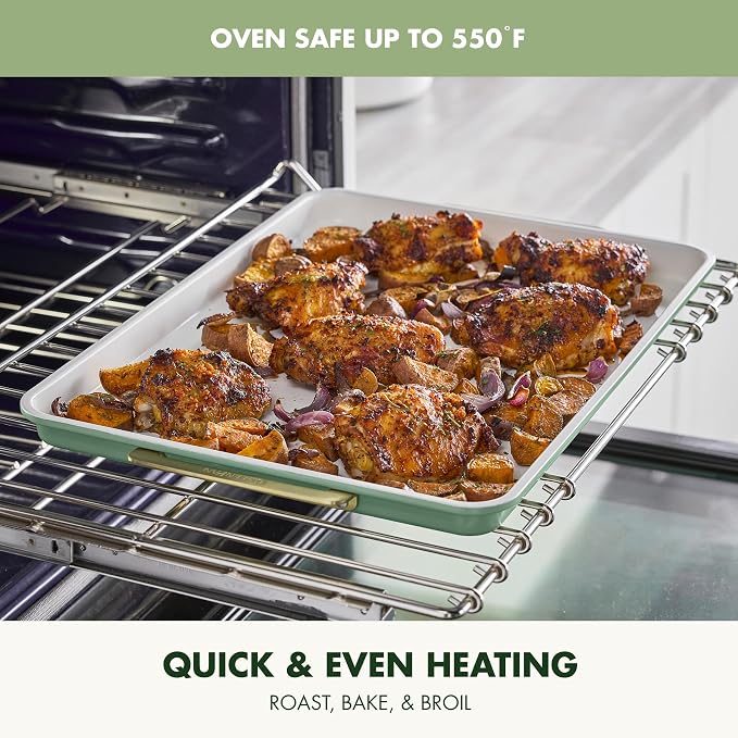 GreenPan Bakeware 13"x18" Half Baking Sheet Pan, Ceramic Nonstick Baking Pan, PFAS & BPA Free, Gold Handles, Durable Steel, Versatile & Space Saving Ovenware, Freezer to Oven Dish, Sage Green - Image 6