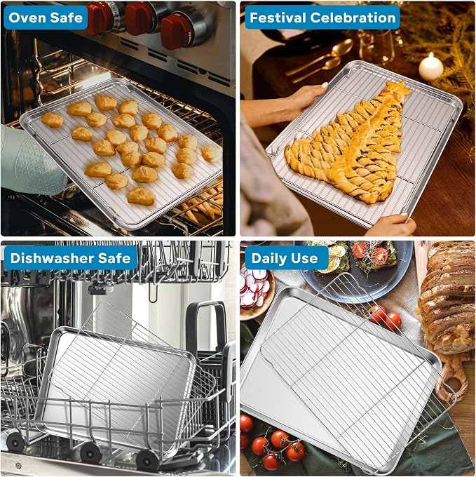 Herogo Baking Sheet with Wire Rack Set(2 Pans + 2 Racks), 16" x 12" x 1" Stainless Steel Jelly Roll Pan with Cooling Rack Set for Baking & Roasting, Non Toxic & Easy Clean - Image 6