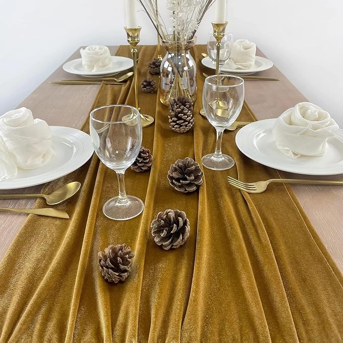Luxurious Velvet Table Runner, 10ft Wedding Reception Decorations, 20x120inch Soft Velvet Fabric, Table Linen Overlay, Wedding Table Runners (Gold, 20X120inch, 5pack) - Image 2