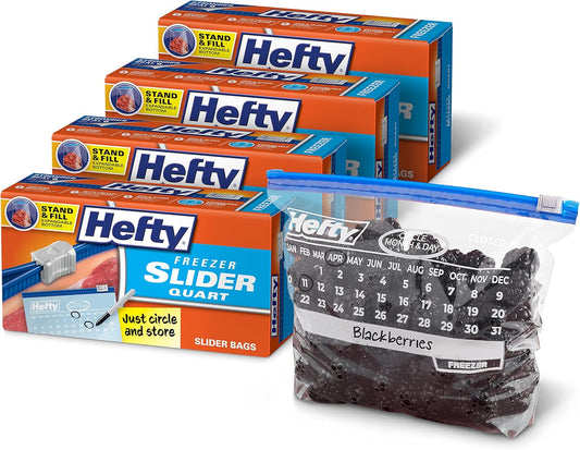 Hefty Calendar Slider Quart Freezer Bags, 1 Quart Slider Bags with Stand and Fill Expandable Bottoms, Helps Prevent Freezer Burn, 35 Count (Pack of 4)
