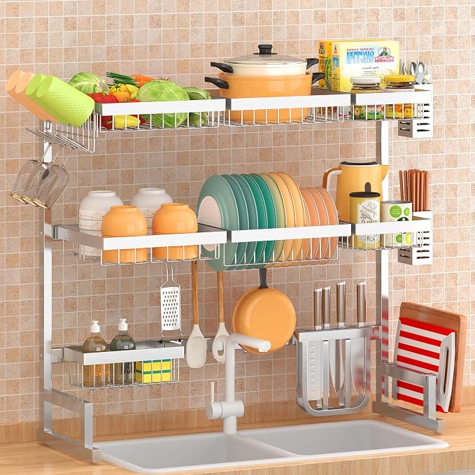 PUSDON Over Sink Dish Drying Rack Stainless Steel, Adjustable Large Dish Drainer for Storage Kitchen Organization Silver 3 Tier - Standard(34"-46") - Image 6