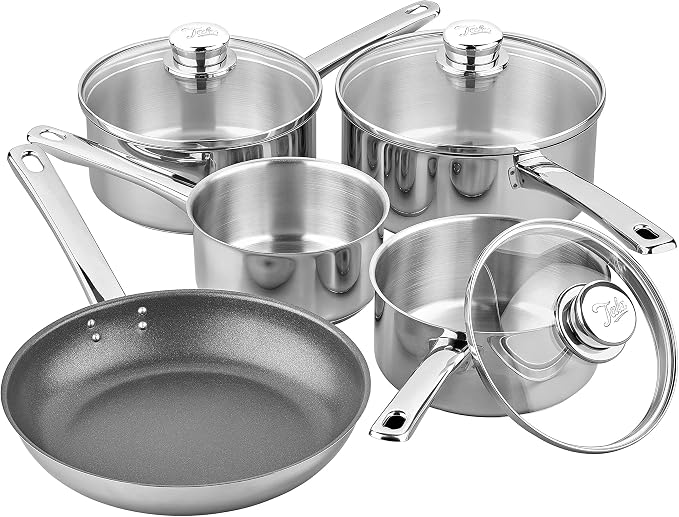 Tala Performance 5 Pc Stainless Steel Cookware Set containing Saucepans Glass lids, 16, 18 and 20cm. 14cm Milk pan, 24cm Non-Stick Fry Pan, 5 Pc Set, Polished Mirror Shine Finish by Tala