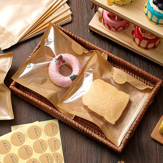 Outus 50 Pcs Cookie Packaging Bags with Seal, 7.1 x 7.5 Inch, Brown | Bakery Pastry Bags with Window, Heat Sealable Grease Resistant Paper to Go Bake Sleeves for Gift Giving Donut Bread Sandwich - Image 6