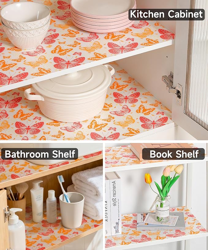 Drawer Liner Shelf Liners for Kitchen Cabinets Non Adhesive - Oil-Resistant Waterproof Sturdy and Resilient Kitchen Cabinet Liners for Shelves, Tool Box, Refrigerator(Red Butterfly, 17.5" W x 360" L) - Image 8