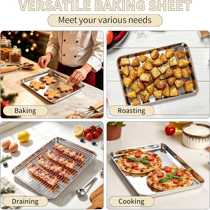 TeamFar Stainless Steel Baking Sheet with Rack Set, 16"x12"x1" | 2 Pans + 2 Racks, Cookie Sheet Baking Pan Tray with Cooling Rack for Cooking, Non-Toxic & Rust Proof, Dishwasher Safe - Image 6