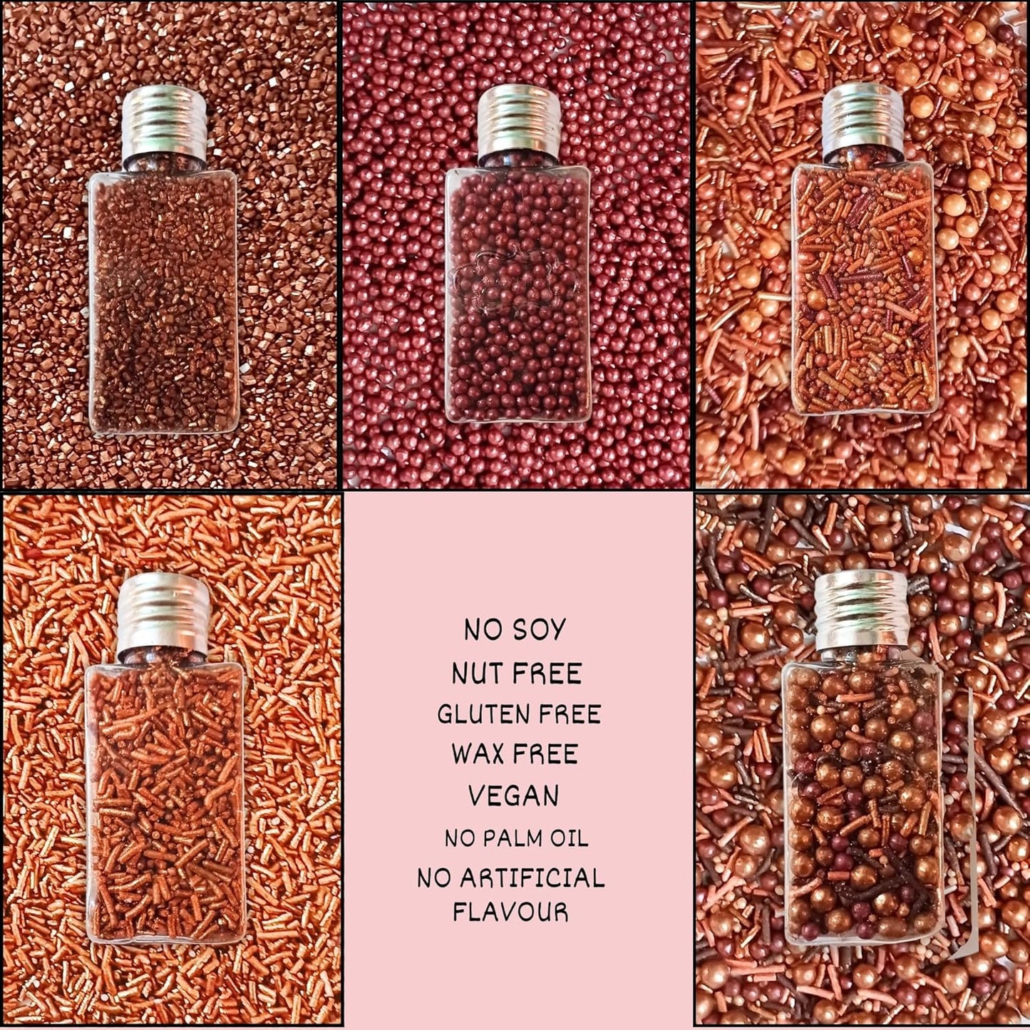 Confect Metallic Sprinkles Mix –Edible Pearl Dragees in Copper, Bronze & Rose Gold – Jimmies & Sparkling Sugar – Elegant Sprinkles for Cake & Cupcake Decorating- Vegan, Gluten-Free, Nut-Free, Soy-Free, Dairy-Free, Palm Oil-Free- 5 Oz